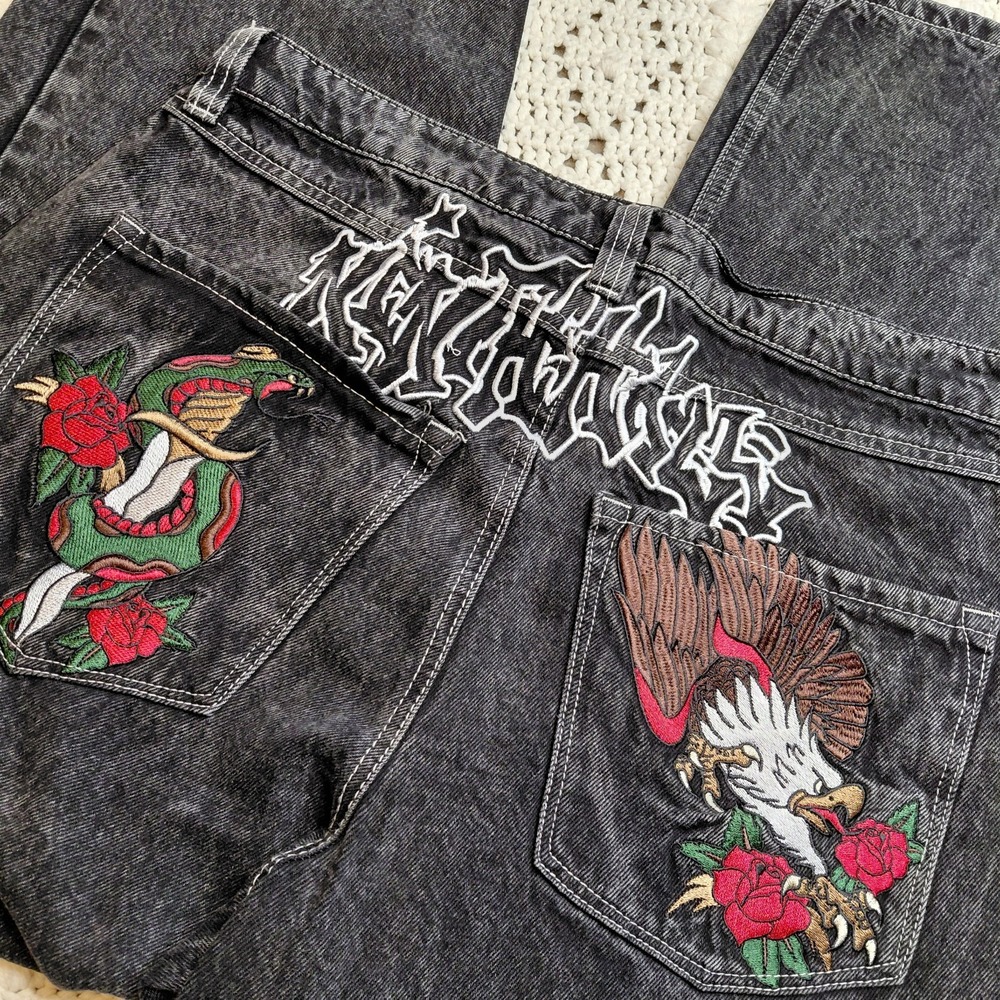 Y2K Ninth Hall Ambush Jeans‎ Mens 34x28 Black Denim Eagle Baggy Skater Graffiti